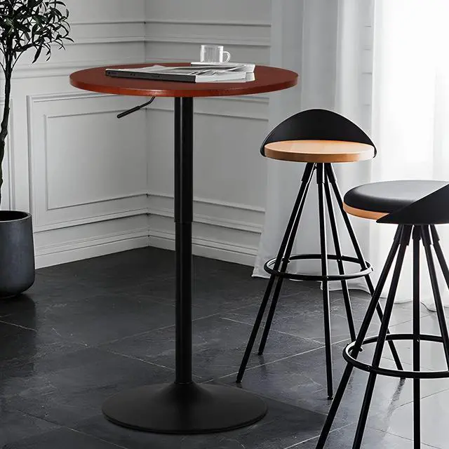 Alt view image 2 of 7 - Round Bar Table Adjustable Height, BistroTable with Black Leg and Base Pub Table 360° Swivel for Living Room Dining Room Bistro Cafe, 23.5" Diameter Red Wood Texture Top Cocktail Tables