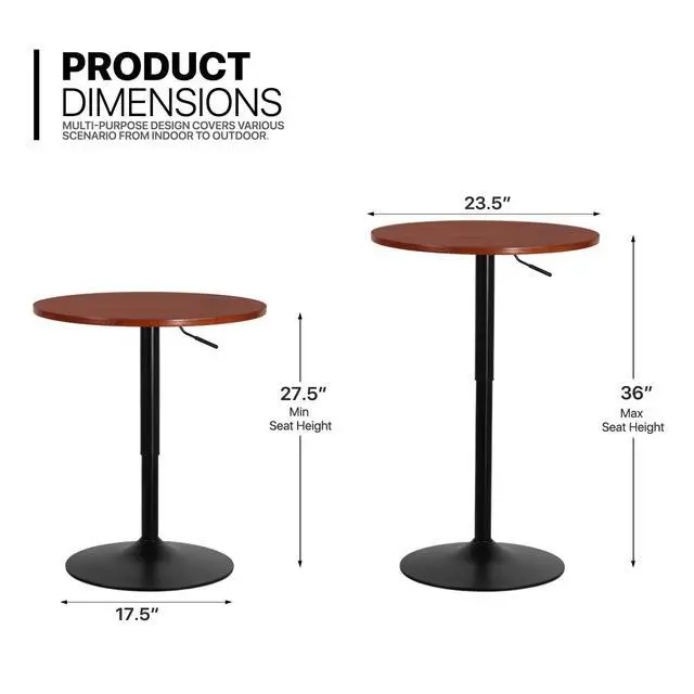 Alt view image 3 of 7 - Round Bar Table Adjustable Height, BistroTable with Black Leg and Base Pub Table 360° Swivel for Living Room Dining Room Bistro Cafe, 23.5" Diameter Red Wood Texture Top Cocktail Tables