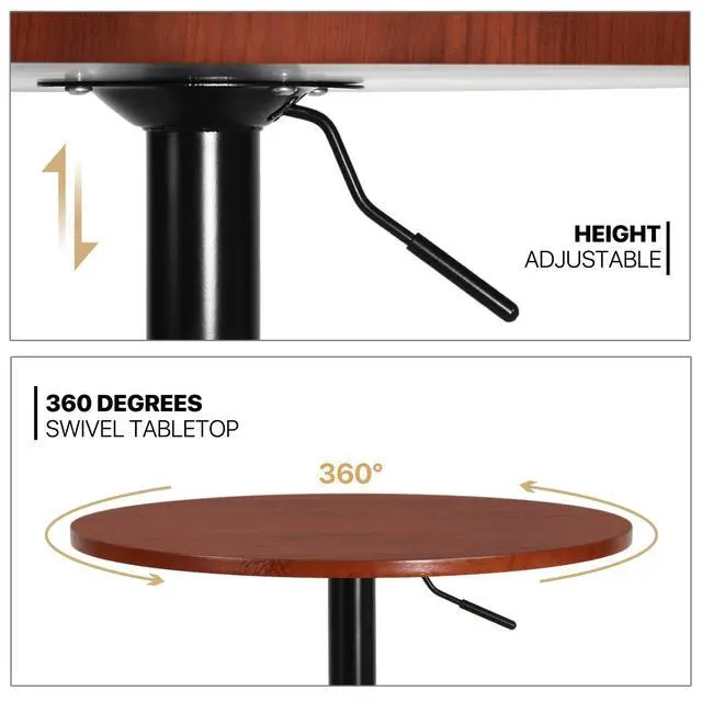 Alt view image 4 of 7 - Round Bar Table Adjustable Height, BistroTable with Black Leg and Base Pub Table 360° Swivel for Living Room Dining Room Bistro Cafe, 23.5" Diameter Red Wood Texture Top Cocktail Tables