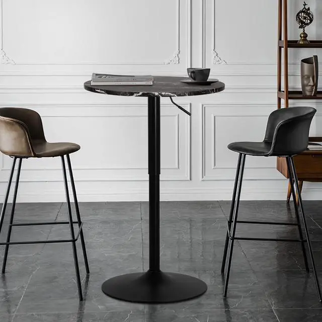 Alt view image 2 of 7 - Round High Top Table, 27.5"- 36" Height-Adjustable Bar Table with Black Marble Texture Top and Black Base, 360° Swivel Cocktail Bar Table Modern Style for Home Kitchen Balcony