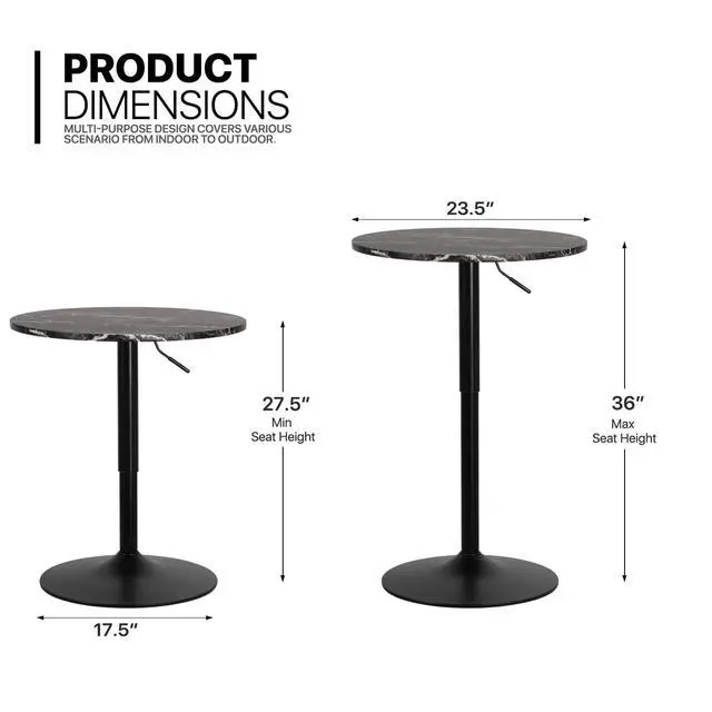 Alt view image 3 of 7 - Round High Top Table, 27.5"- 36" Height-Adjustable Bar Table with Black Marble Texture Top and Black Base, 360° Swivel Cocktail Bar Table Modern Style for Home Kitchen Balcony