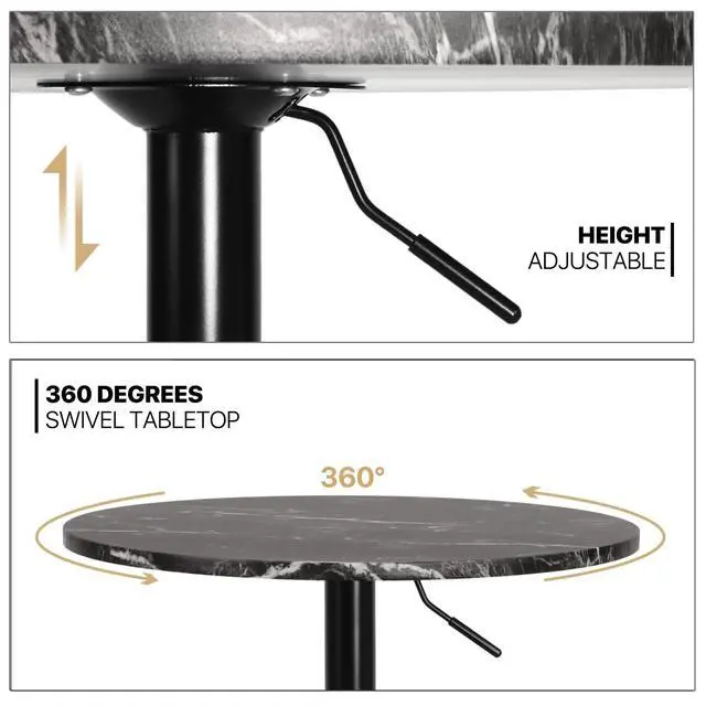 Alt view image 4 of 7 - Round High Top Table, 27.5"- 36" Height-Adjustable Bar Table with Black Marble Texture Top and Black Base, 360° Swivel Cocktail Bar Table Modern Style for Home Kitchen Balcony