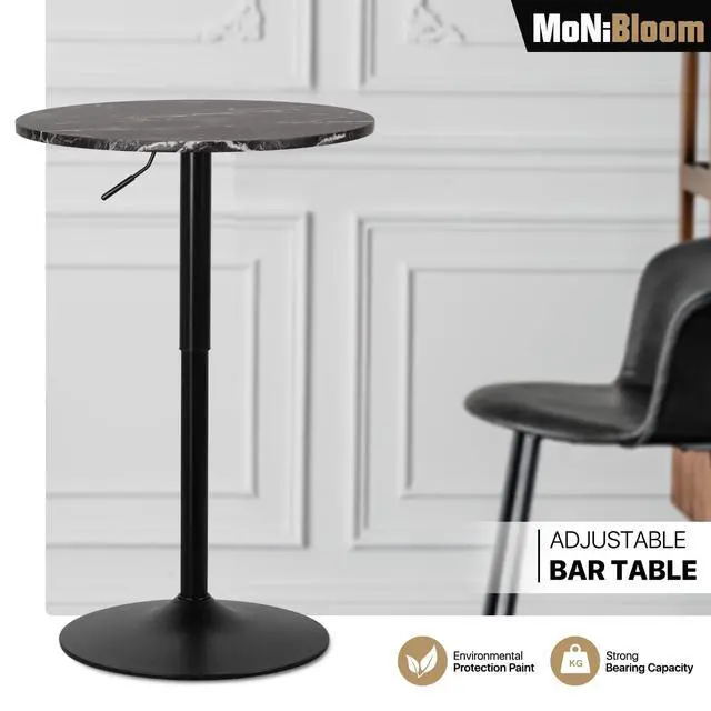 Alt view image 7 of 7 - Round High Top Table, 27.5"- 36" Height-Adjustable Bar Table with Black Marble Texture Top and Black Base, 360° Swivel Cocktail Bar Table Modern Style for Home Kitchen Balcony