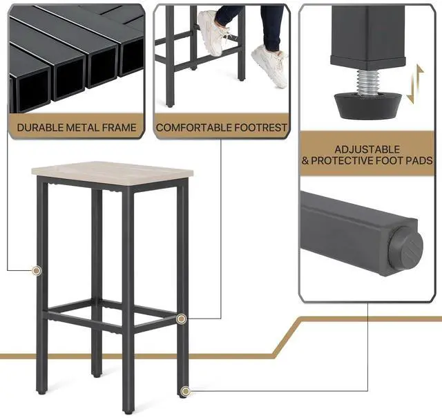 Alt view image 6 of 7 - Bar Stools Set of 2, 26 Inch Counter Height Stools with Metal Frame for Kitchen Dining Room Café, Industrial Design, Greige