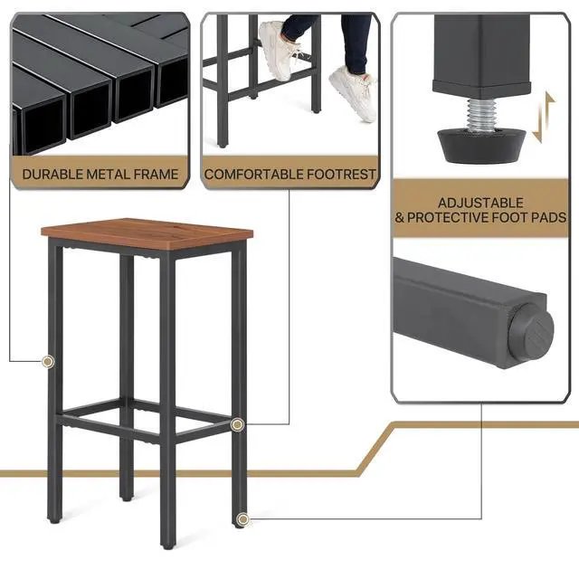 Alt view image 6 of 7 - Bar Stools Set of 2, 26 Inch Counter Height Stools with Metal Frame for Kitchen Dining Room Café, Industrial Design, Rustic Brown