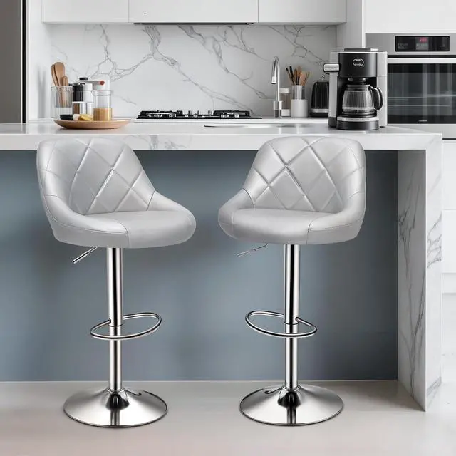 Alt view image 2 of 7 - Stool Chair for Kitchen Counter, Height Adjustable Swivel Barstools, Modern PU Leather Kitchen Counter Bar Stools, Armless Hydraulic Counter Stool, Metal Base Island Stool, Silver