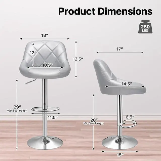 Alt view image 3 of 7 - Stool Chair for Kitchen Counter, Height Adjustable Swivel Barstools, Modern PU Leather Kitchen Counter Bar Stools, Armless Hydraulic Counter Stool, Metal Base Island Stool, Silver