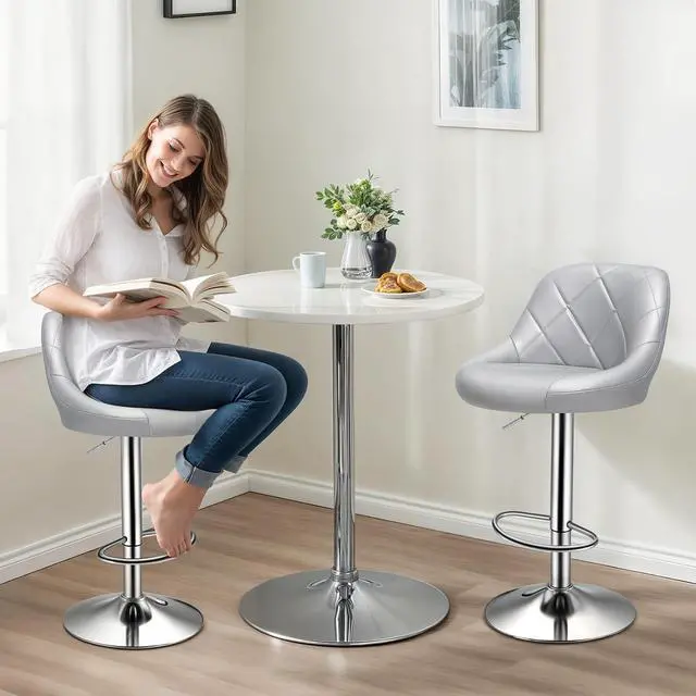 Alt view image 4 of 7 - Stool Chair for Kitchen Counter, Height Adjustable Swivel Barstools, Modern PU Leather Kitchen Counter Bar Stools, Armless Hydraulic Counter Stool, Metal Base Island Stool, Silver