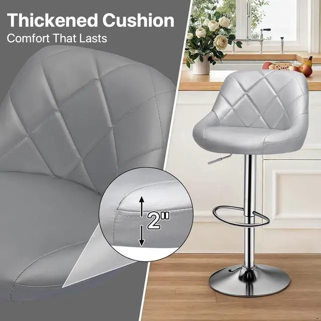 Alt view image 5 of 7 - Stool Chair for Kitchen Counter, Height Adjustable Swivel Barstools, Modern PU Leather Kitchen Counter Bar Stools, Armless Hydraulic Counter Stool, Metal Base Island Stool, Silver