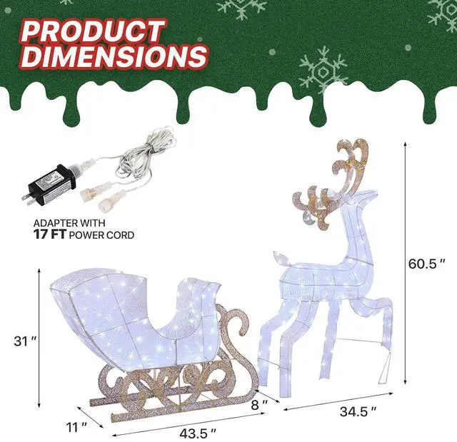 Alt view image 2 of 7 - 5ft Lighted Reindeer & Santas Sleigh Christmas Decoration Set w/ 180 Cool Lights, Outdoor Holiday Festive Holiday Décor for Yard Lawn, White