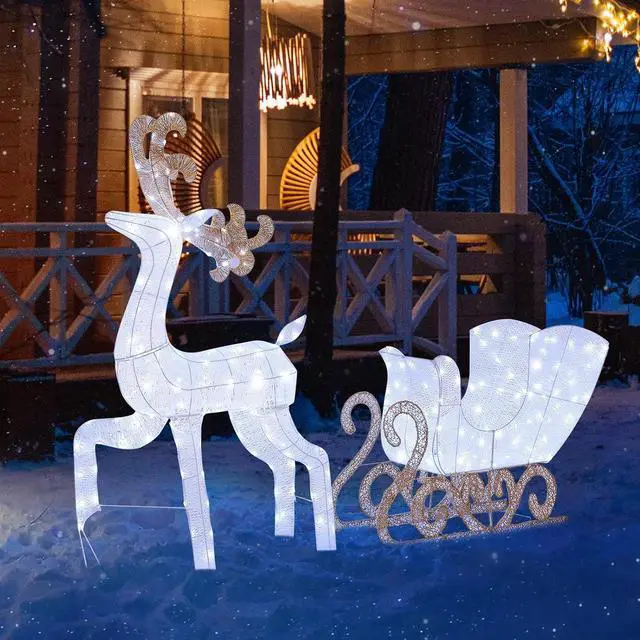 Alt view image 3 of 7 - 5ft Lighted Reindeer & Santas Sleigh Christmas Decoration Set w/ 180 Cool Lights, Outdoor Holiday Festive Holiday Décor for Yard Lawn, White