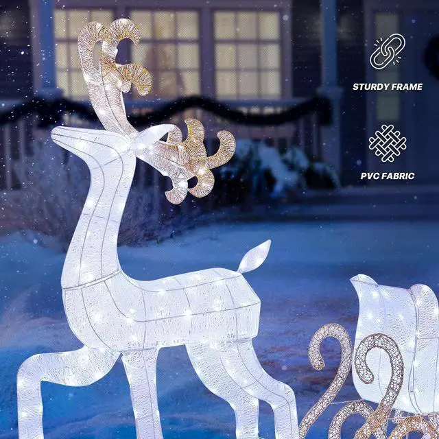 Alt view image 4 of 7 - 5ft Lighted Reindeer & Santas Sleigh Christmas Decoration Set w/ 180 Cool Lights, Outdoor Holiday Festive Holiday Décor for Yard Lawn, White