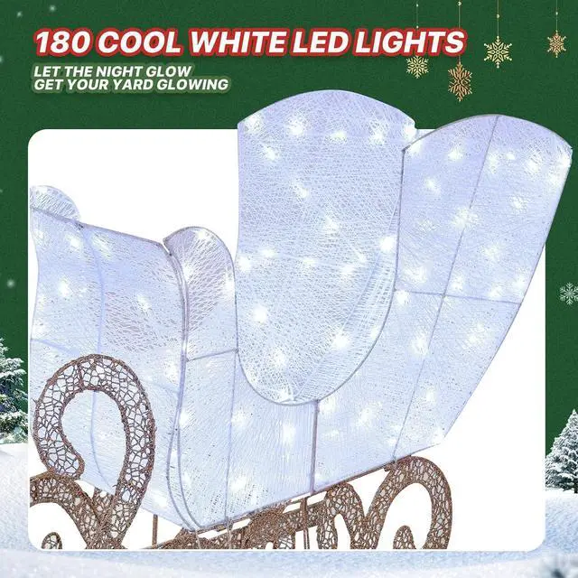 Alt view image 5 of 7 - 5ft Lighted Reindeer & Santas Sleigh Christmas Decoration Set w/ 180 Cool Lights, Outdoor Holiday Festive Holiday Décor for Yard Lawn, White
