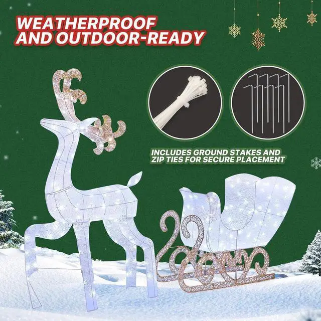 Alt view image 6 of 7 - 5ft Lighted Reindeer & Santas Sleigh Christmas Decoration Set w/ 180 Cool Lights, Outdoor Holiday Festive Holiday Décor for Yard Lawn, White