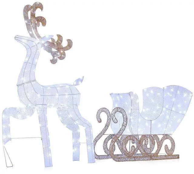 Alt view image 7 of 7 - 5ft Lighted Reindeer & Santas Sleigh Christmas Decoration Set w/ 180 Cool Lights, Outdoor Holiday Festive Holiday Décor for Yard Lawn, White