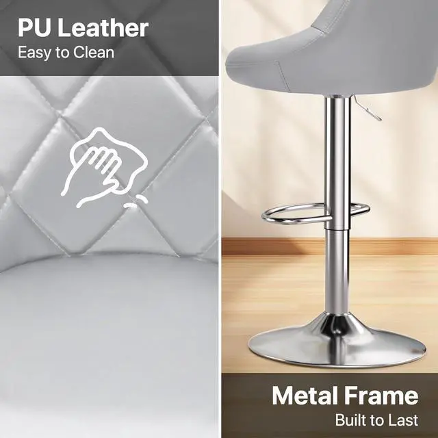 Alt view image 6 of 7 - Stool Chair for Kitchen Counter, Height Adjustable Swivel Barstools, Modern PU Leather Kitchen Counter Bar Stools, Armless Hydraulic Counter Stool, Metal Base Island Stool, Silver