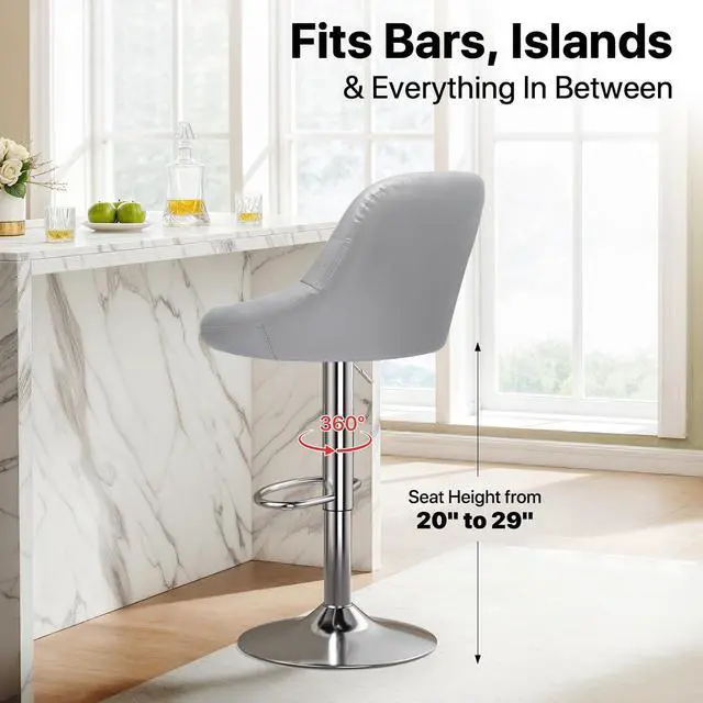 Alt view image 7 of 7 - Stool Chair for Kitchen Counter, Height Adjustable Swivel Barstools, Modern PU Leather Kitchen Counter Bar Stools, Armless Hydraulic Counter Stool, Metal Base Island Stool, Silver