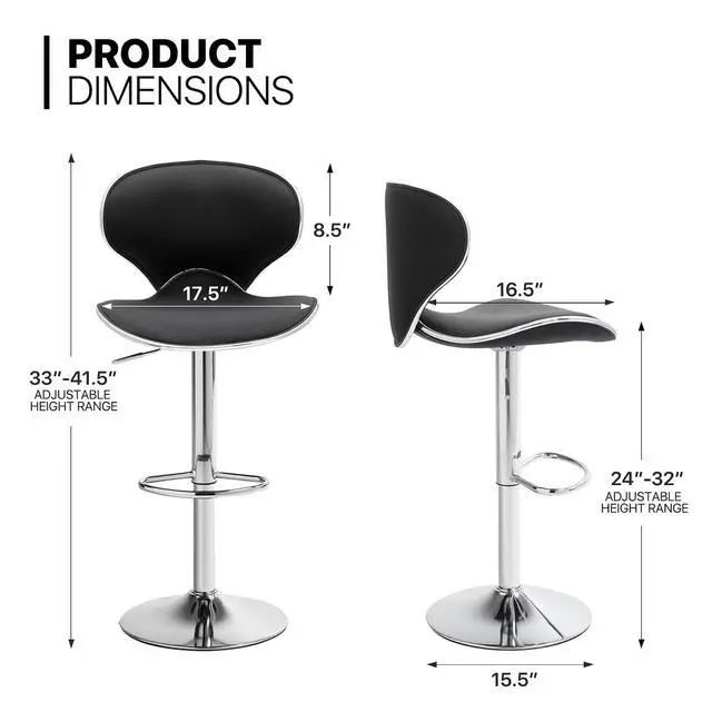 Alt view image 3 of 7 - Bar Stools Set of 2, Modern Black PU Leather Adjustable Counter Height Barstool Backrest and Footrest for Bar, Kitchen, Dining, Living Room, and Bistro Pub, 250 lbs Capacity