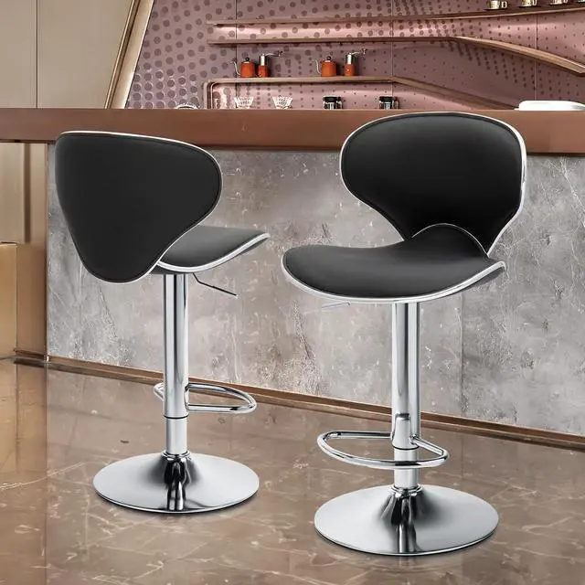 Alt view image 2 of 7 - Bar Stools Set of 2, Modern Black PU Leather Adjustable Counter Height Barstool Backrest and Footrest for Bar, Kitchen, Dining, Living Room, and Bistro Pub, 250 lbs Capacity