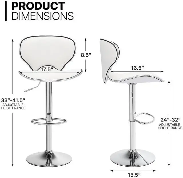 Alt view image 3 of 7 - Bar Stools Set of 2 Adjustable Swivel Bar Chairs, Modern White PU Leather Counter Height Barstools with High Backrest and Footrest for Bar, Kitchen, Dining Room, 250 lbs Capacity