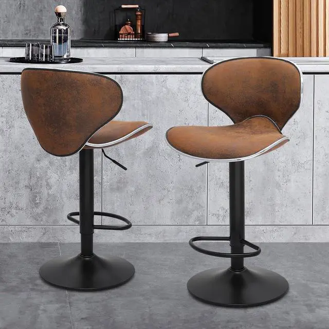 Alt view image 2 of 7 - Counter Height Swivel Bar Stools Set of 2, Coffee PU Leather Height-Adjustable Barstools with Footresr for Kitchen and Dining Room, Modern Tall Bar Height Chairs Island Chairs