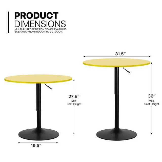 Alt view image 3 of 7 - Bar Round Cocktail Table, 31.5 Inch Adjustable-Heigh Pub Sturdy Base Bistro Table for Dining Room Home Kitchen Patio Bistro, Yellow