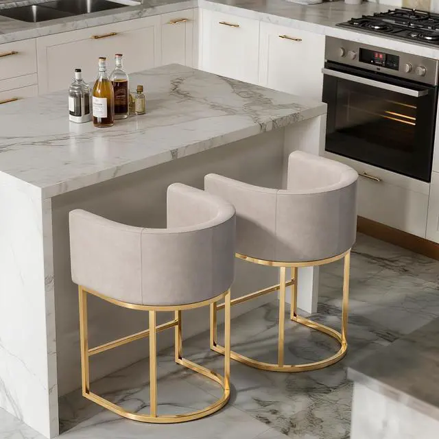 Main image of Linen Bar Stools, 20 Inch Upholstered Barrel Arm Chairs Set of 2, Stylish Chair with Gold Metal Stand for Dining Room, Kitchen Island and Home Bar, White