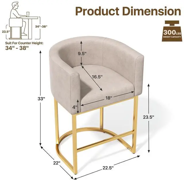 Alt view image 2 of 7 - Linen Bar Stools, 20 Inch Upholstered Barrel Arm Chairs Set of 2, Stylish Chair with Gold Metal Stand for Dining Room, Kitchen Island and Home Bar, White