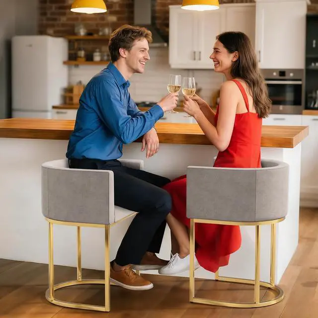 Alt view image 3 of 7 - Linen Bar Stools, 20 Inch Upholstered Barrel Arm Chairs Set of 2, Stylish Chair with Gold Metal Stand for Dining Room, Kitchen Island and Home Bar, White