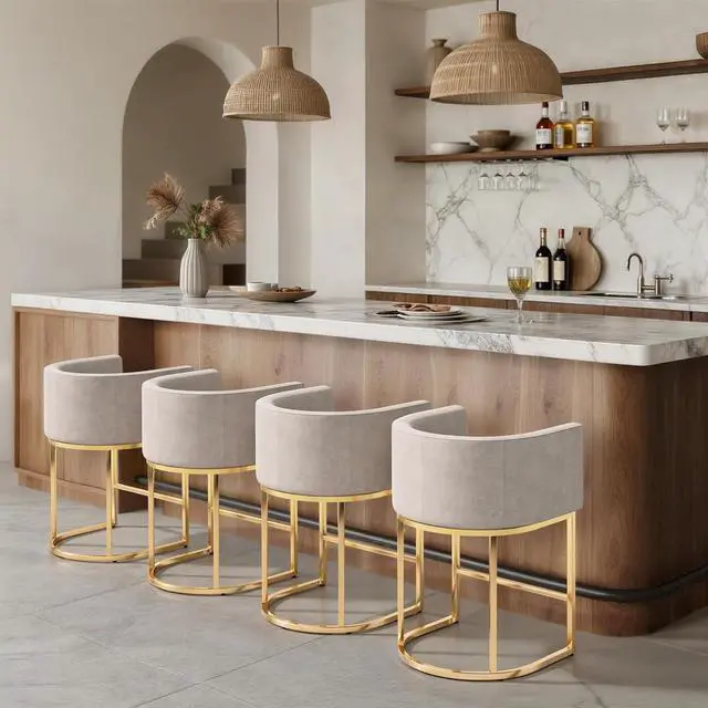 Alt view image 4 of 7 - Linen Bar Stools, 20 Inch Upholstered Barrel Arm Chairs Set of 2, Stylish Chair with Gold Metal Stand for Dining Room, Kitchen Island and Home Bar, White