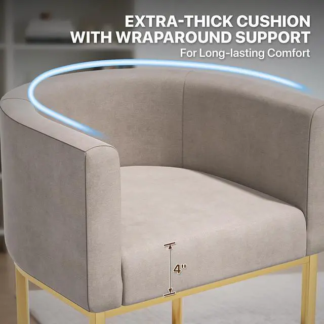 Alt view image 7 of 7 - Linen Bar Stools, 20 Inch Upholstered Barrel Arm Chairs Set of 2, Stylish Chair with Gold Metal Stand for Dining Room, Kitchen Island and Home Bar, White