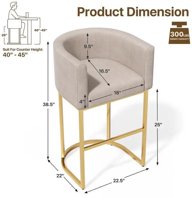 Alt view image 2 of 7 - Linen Bar Stools, 25 Inch Upholstered Barrel Arm Chairs Set of 2, Stylish Chair with Gold Metal Stand for Dining Room, Kitchen Island and Home Bar, White