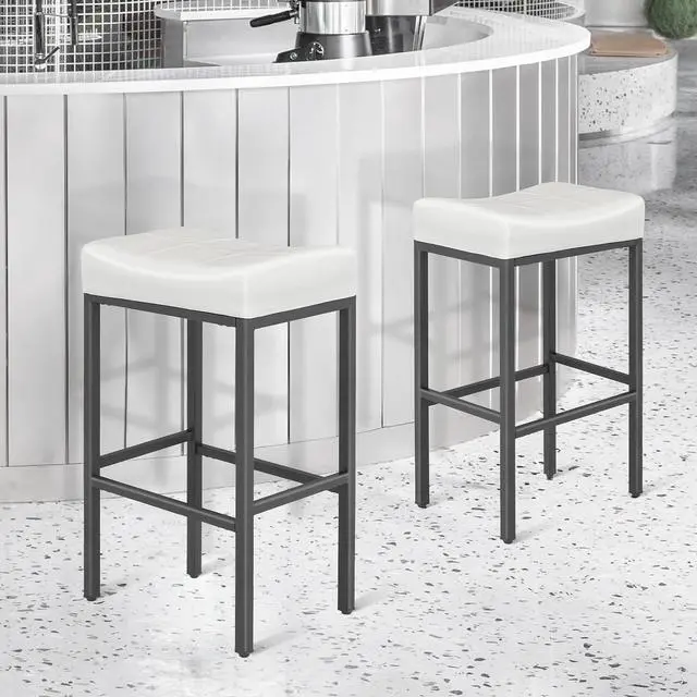 Main image of Bar Stools Set of 2, 31.5 Inches Backless Retro Counter Height Stools, Faux Leather Saddle Seat with Metal for Kitchen Island Dining Room, White