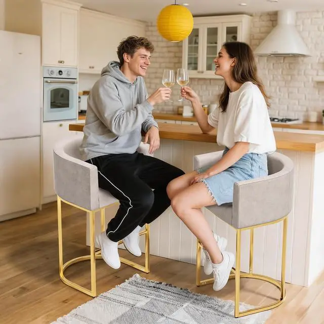 Alt view image 3 of 7 - Linen Bar Stools, 25 Inch Upholstered Barrel Arm Chairs Set of 2, Stylish Chair with Gold Metal Stand for Dining Room, Kitchen Island and Home Bar, White