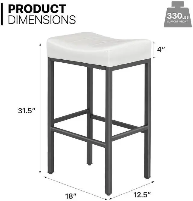 Alt view image 2 of 7 - Bar Stools Set of 2, 31.5 Inches Backless Retro Counter Height Stools, Faux Leather Saddle Seat with Metal for Kitchen Island Dining Room, White