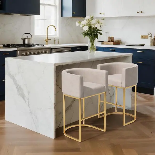 Main image of Linen Bar Stools, 25 Inch Upholstered Barrel Arm Chairs Set of 2, Stylish Chair with Gold Metal Stand for Dining Room, Kitchen Island and Home Bar, White