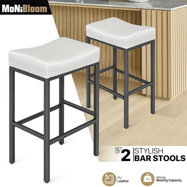 Alt view image 4 of 7 - Bar Stools Set of 2, 31.5 Inches Backless Retro Counter Height Stools, Faux Leather Saddle Seat with Metal for Kitchen Island Dining Room, White