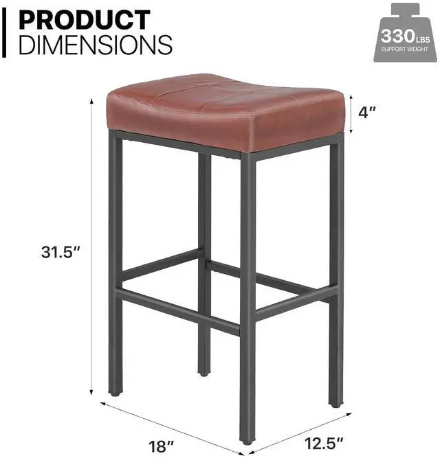 Alt view image 2 of 7 - Bar Stools Set of 2, 31.5 Inches Backless Retro Counter Height Stools, Faux Leather Saddle Seat with Metal for Kitchen Island Dining Room, Reddish Brown