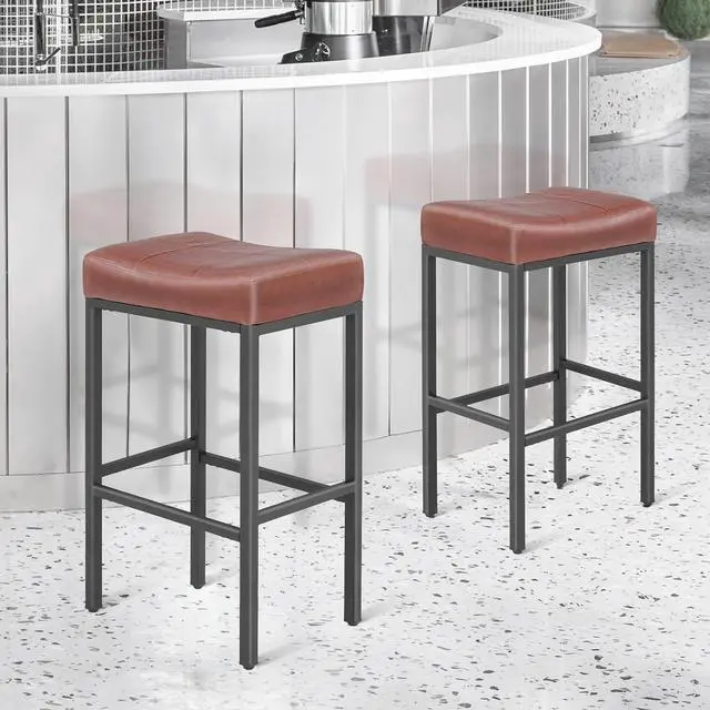 Main image of Bar Stools Set of 2, 31.5 Inches Backless Retro Counter Height Stools, Faux Leather Saddle Seat with Metal for Kitchen Island Dining Room, Reddish Brown