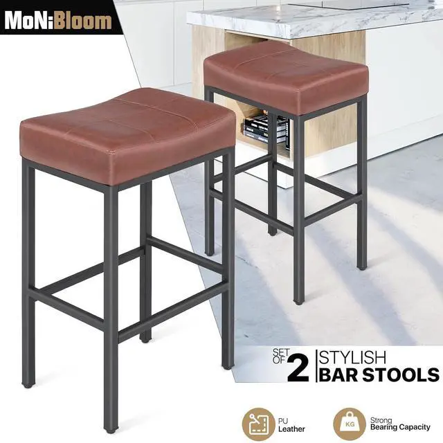Alt view image 4 of 7 - Bar Stools Set of 2, 31.5 Inches Backless Retro Counter Height Stools, Faux Leather Saddle Seat with Metal for Kitchen Island Dining Room, Reddish Brown