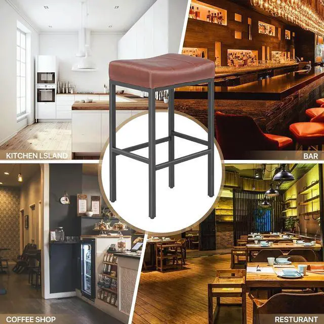 Alt view image 5 of 7 - Bar Stools Set of 2, 31.5 Inches Backless Retro Counter Height Stools, Faux Leather Saddle Seat with Metal for Kitchen Island Dining Room, Reddish Brown