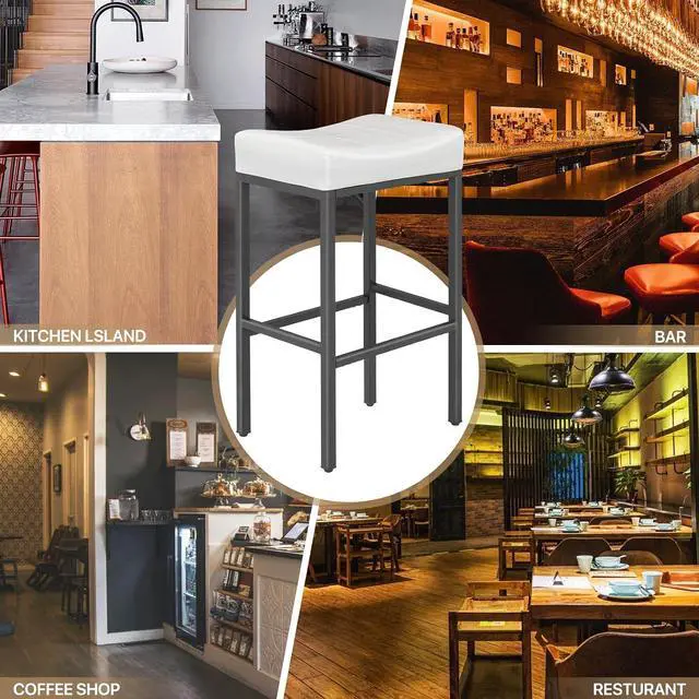 Alt view image 5 of 7 - Bar Stools Set of 2, 31.5 Inches Backless Retro Counter Height Stools, Faux Leather Saddle Seat with Metal for Kitchen Island Dining Room, White