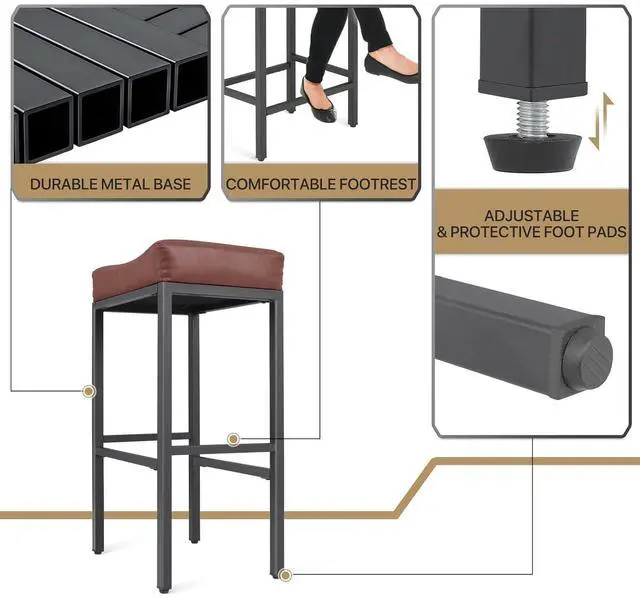Alt view image 7 of 7 - Bar Stools Set of 2, 31.5 Inches Backless Retro Counter Height Stools, Faux Leather Saddle Seat with Metal for Kitchen Island Dining Room, Reddish Brown
