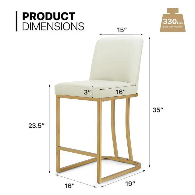 Alt view image 2 of 7 - Bar Stools Set of 2, PU Leather Upholstered Counter Height Stools, Modern Barstools with Back and Golden Metal Frame for Kitchen Island Dining Room, White Cream