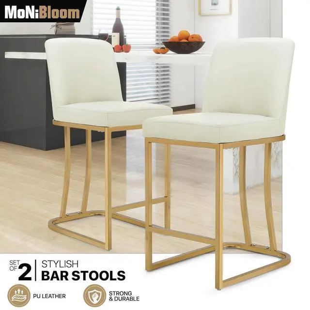 Alt view image 4 of 7 - Bar Stools Set of 2, PU Leather Upholstered Counter Height Stools, Modern Barstools with Back and Golden Metal Frame for Kitchen Island Dining Room, White Cream