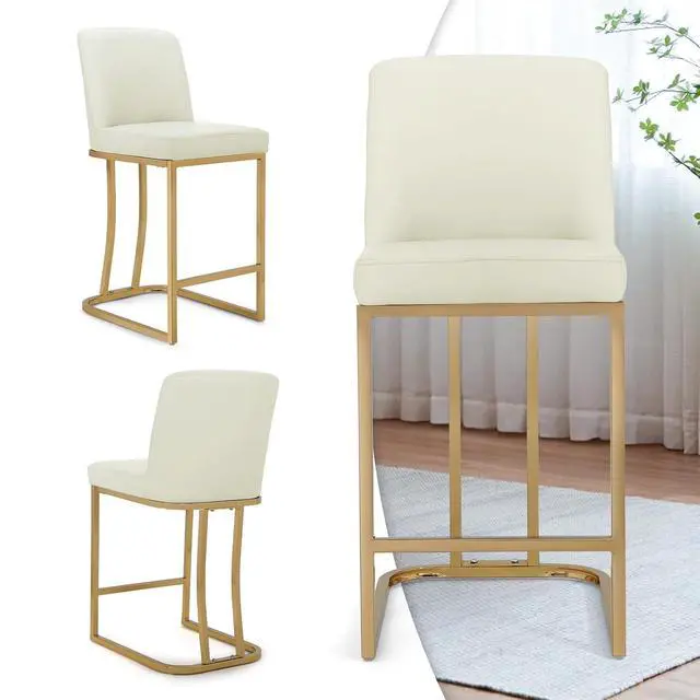 Alt view image 5 of 7 - Bar Stools Set of 2, PU Leather Upholstered Counter Height Stools, Modern Barstools with Back and Golden Metal Frame for Kitchen Island Dining Room, White Cream