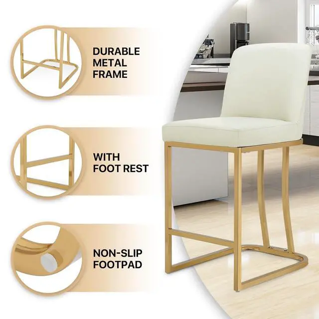Alt view image 6 of 7 - Bar Stools Set of 2, PU Leather Upholstered Counter Height Stools, Modern Barstools with Back and Golden Metal Frame for Kitchen Island Dining Room, White Cream