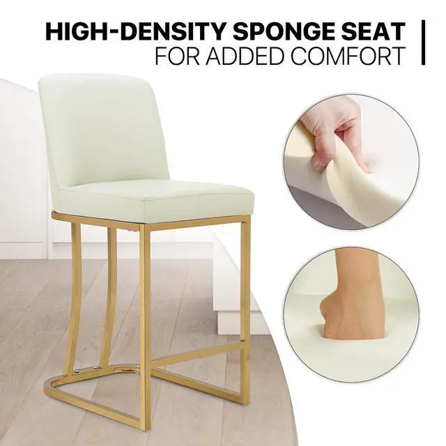 Alt view image 7 of 7 - Bar Stools Set of 2, PU Leather Upholstered Counter Height Stools, Modern Barstools with Back and Golden Metal Frame for Kitchen Island Dining Room, White Cream