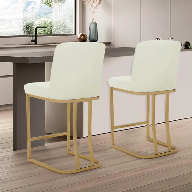 Main image of Bar Stools Set of 2, PU Leather Upholstered Counter Height Stools, Modern Barstools with Back and Golden Metal Frame for Kitchen Island Dining Room, White Cream