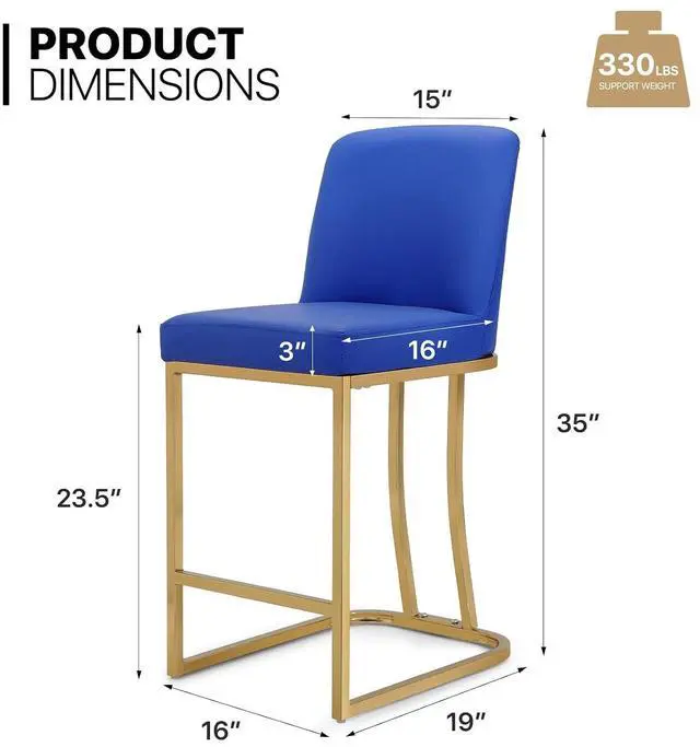 Alt view image 2 of 7 - Bar Stools Set of 2, PU Leather Upholstered Counter Height Stools, Modern Barstools with Back and Golden Metal Frame for Kitchen Island Dining Room, Navy Blue